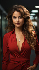Beautiful 30-year-old woman with light brown hair and pretty brown eyes wearing an elegant low-cut red dress, generative AI
