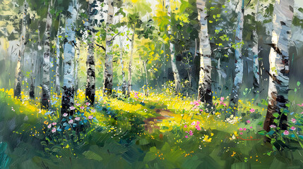 Spring birch painting. Art work. Summertime concept.