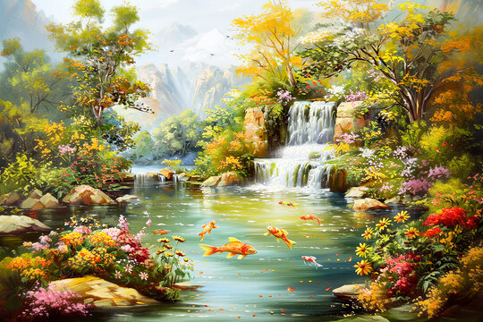 Landscape with waterfall and fish, grass. Oil Painting of summer.