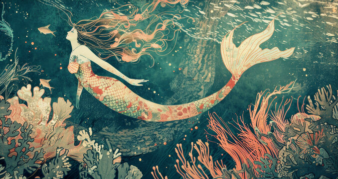 Illustration of  mermaid in the magical world. Fairy tale concept.