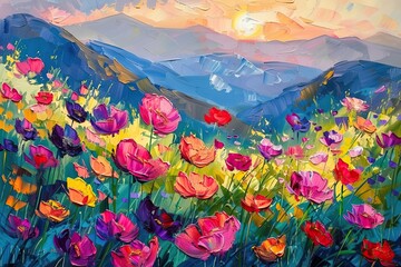 painting watercolor beautiful spring landscape with colorful poppy flowers - obrazy, fototapety, plakaty