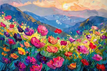 Foto op Plexiglas painting watercolor beautiful spring landscape with colorful poppy flowers © maxin