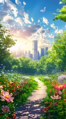 Obraz premium scenery city park pathway flowers end world cleanest sweeping vista street distance sunny empyrean destroyed nature walking garden