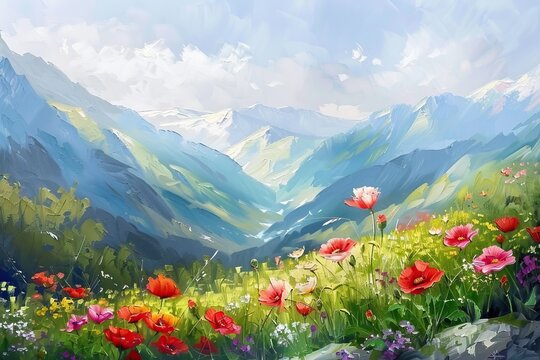 painting watercolor beautiful spring landscape with colorful poppy flowers