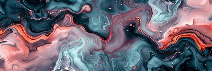 Abstract fluid art with a cool color palette - A captivating abstract image showcasing fluid art with swirls of white, black, gray, and soft pink tones suggesting serenity and grace - obrazy, fototapety, plakaty
