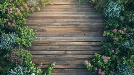 Poster Overhead view of a wooden boardwalk surrounded by blooming flowers,  offering a visually appealing and inviting background © basketman23