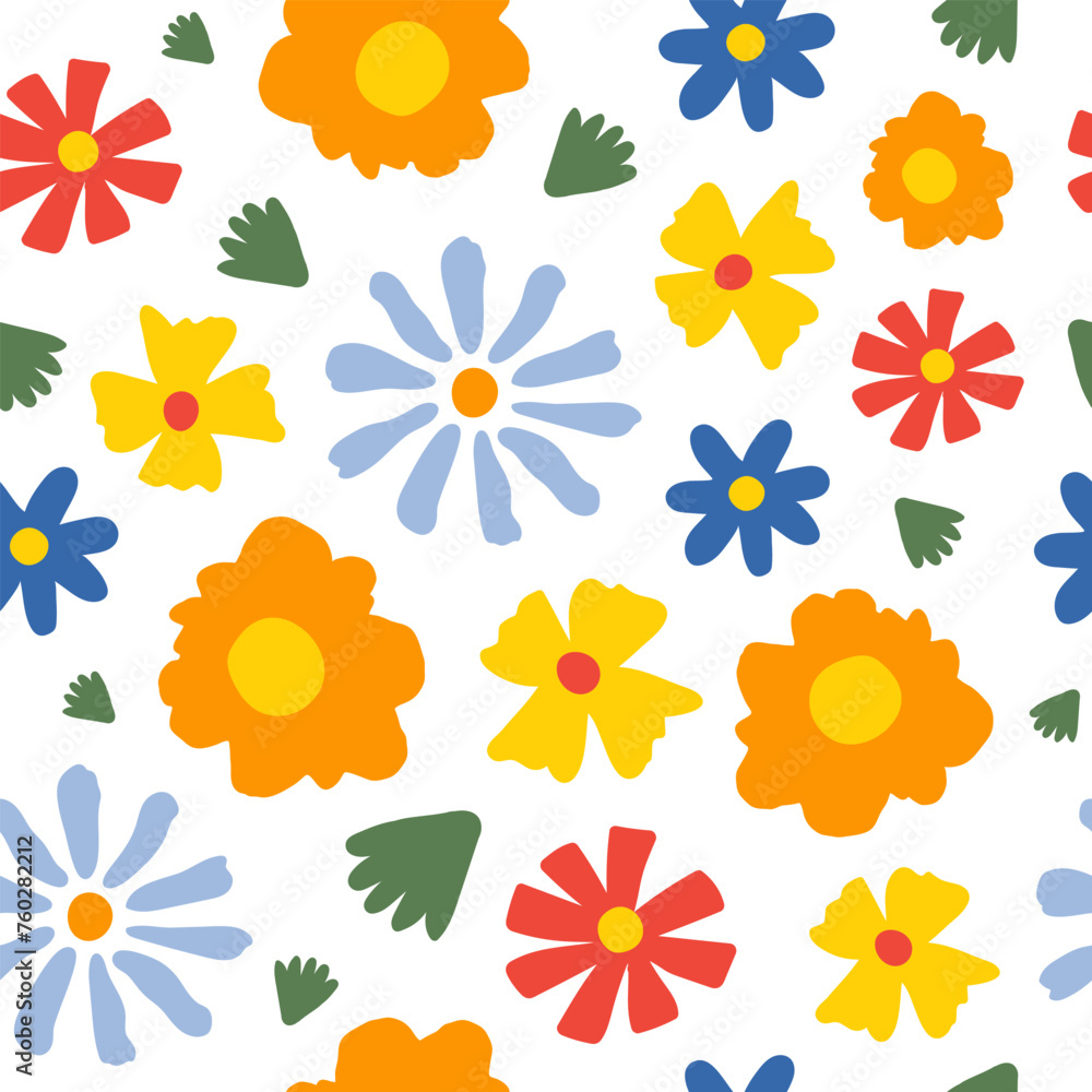 Poster seamless pattern with colorful groovy daisy flowers on a white background. vector illustration.