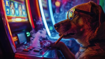 Dog playing slot machines with a cigar - Humorous photo-manipulation of a dog with glasses and a cigar playing slot machines, embodying indulgence and leisure