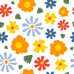 Seamless pattern with colorful groovy daisy flowers on a white background. Vector illustration.
