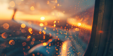 golden sunset through a rain speckled view from airplane window warm bokeh backdrop to a rainy day end - obrazy, fototapety, plakaty