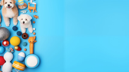 Fototapeta premium Frame of pet toy and training accessories on blue background, top view