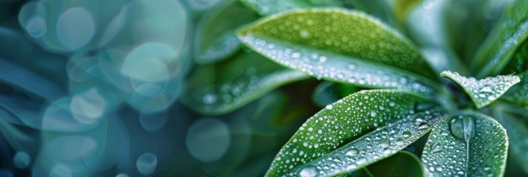 Fresh green leaves with sparkling droplets - A vibrant image capturing sparkling water droplets on the fresh green leaves after rain