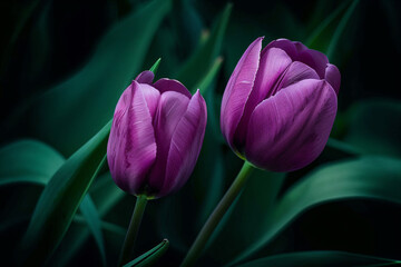 Obraz premium two purple tulips are standing in the dark