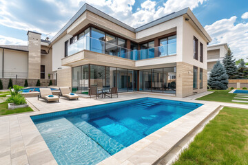 modern two-story house with a swimming pool in the backyard, beige walls and glass window