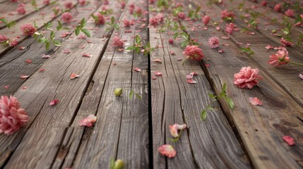 Wooden planks adorned with blooming flowers,  seamlessly blending rustic charm with the elegance of nature