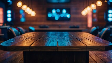 Empty wooden table with beautiful gamer room background, photorealistic - obrazy, fototapety, plakaty