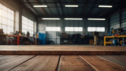 Empty wooden table with beautiful Garage background, photorealistic