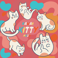 Kawaii Cats vector illustration  Smiling Kitty, cute and round-faced cat