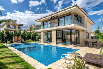 Fototapeta na wymiar modern two-story house with a swimming pool in the backyard, beige walls and glass window