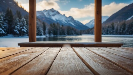 Empty wooden table with beautiful snow mountain winter season background, photorealistic	