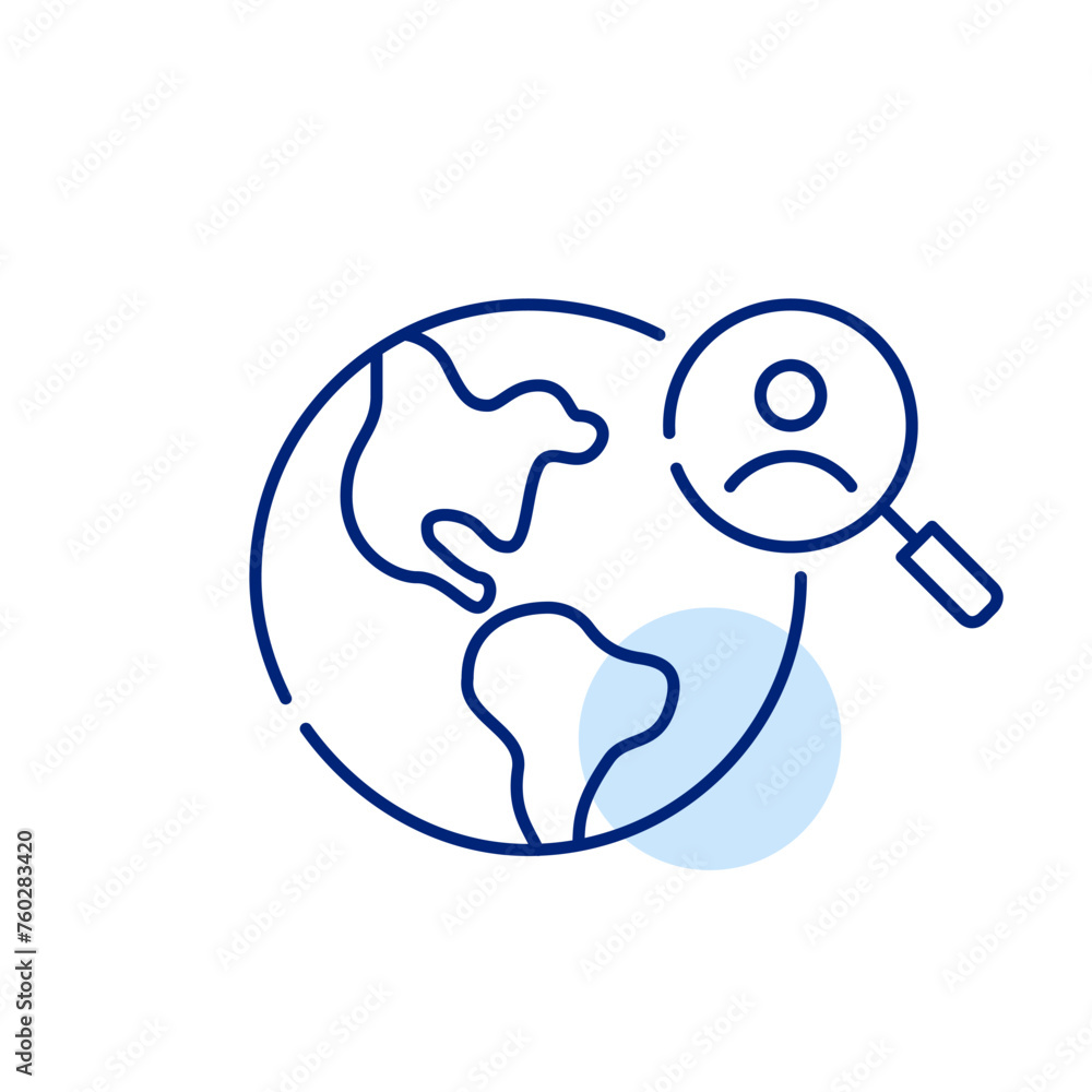 Poster earth globe, magnifying glass and user icon, exploration of user-related data on global scale. pixel