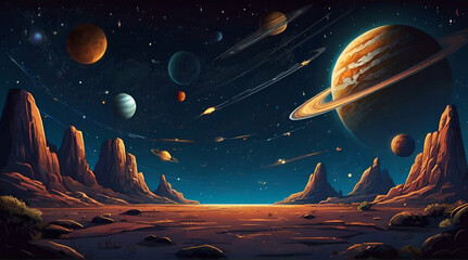 vector art of Children's illustration space, space landscape. wide angle lens realistic lighting. generative.ai
