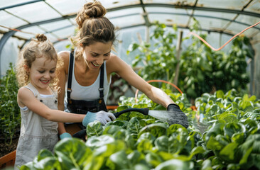 Cute girl and her mother watering plants in the greenhouse with a hose, water spray on lettuce leaves