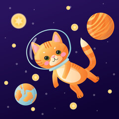 Cat in space, cute card with illustration in cartoon style