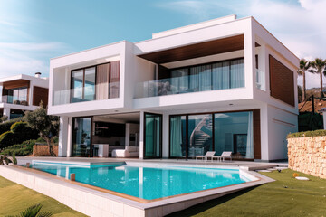 Photo of a modern home with a pool, white stucco walls and glass windows, with the back garden in view,