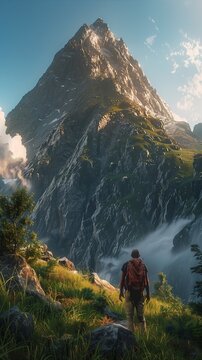 man walking hill backpack panoramic hiking trail breathtaking scenery altered carbon mountain pass valley mountains