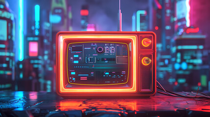 Retro TV Cyberpunk Style with Vivid Neon Colors, Futuristic Television Set in Cyber Cityscape, 80s Retro Futurism Illustration, Techno Sci-Fi Concept, Generative AI

