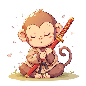 Cute Monkey Holding Katana with PNG Image Vector Illustration