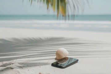 Fototapeta na wymiar Photos of beautiful tropical beach with conch shell sea on the sand, peaceful and relaxing atmosphere