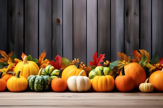 Thanksgiving fall rustic background with pumpkin yellow and green squash snowberry leaves