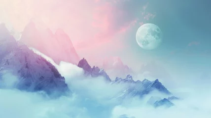 Deurstickers Peaceful mountain landscape with moonlight glow - Dreamy mountain scape bathed in a tranquil moonlight glow, evoking serenity and calmness in a digital creation © Mickey