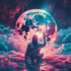 Mystical figure touching a giant moon - An entrancing scene portraying a hooded figure touching a massive pink moon among a starry sky and fluffy clouds