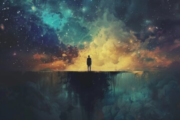 Person standing at cosmic cliff edge - A solitary figure stands facing a vibrant cosmic scene with starry sky reflecting beneath, symbolizing infinite possibilities