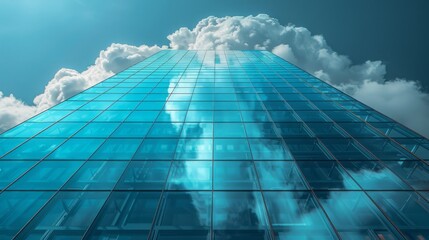 A glass building with clouds reflecting on it symbolises the idea of cloud computing and digital technology.