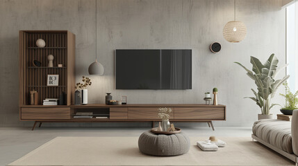a Scandinavian-inspired TV unit with clean lines, natural materials, and a soothing color palette for a cozy yet modern living space High detailed and high resolution smooth and high quality photo
