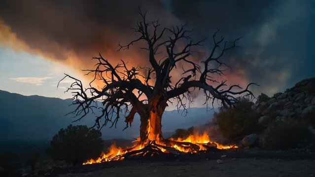 A large dead tree being engulfed by raging flames stands in stark contrast against the backdrop of a darkening sky and mountain silhouettes.
