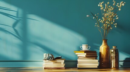 a stack of books on a table next to a blue wall