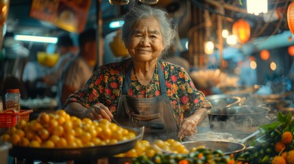 Obraz premium Portrait of a friendly woman food stall owner, proudly displaying a heaping bowl of golden fried snacks, captures the vibrant essence of local street food culture.