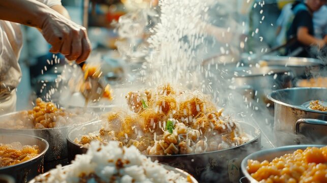  Close up shot of moment preapring street food meal. Process of cooking on the street in Asia