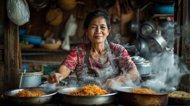  A cheerful street food vendor poses with a warm smile, surrounded by her delicious, freshly fried specialties in a bustling market setting.
