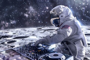 Astronaut playing turntable on the moon