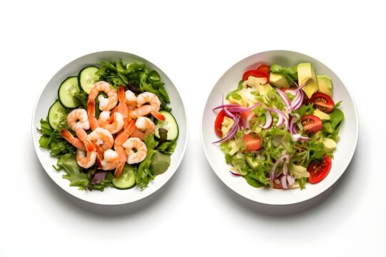 salad with vegetables, salad with avocado and tomatoes, salad with eggs and prons, salad with vegetables, Vibrant Salad Spread, Top View of Rich Plates with Greens, Avocado, shrimp in white background