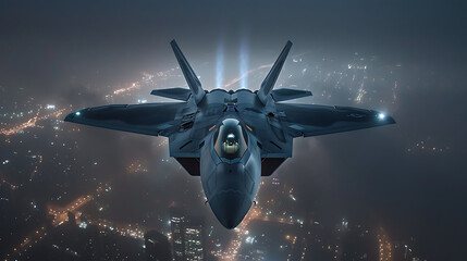 Jet fighter F-22 Raptor flying through the clouds in the night above of city lights
