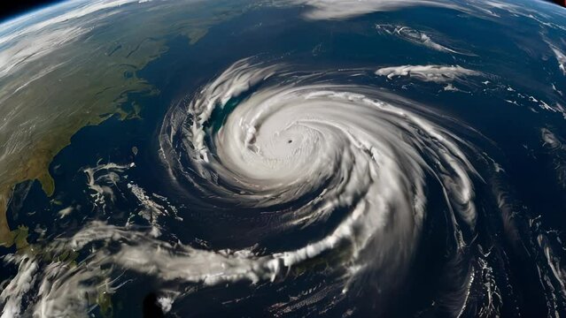 Satellite view of a massive hurricane on Earth, featuring swirling clouds.
