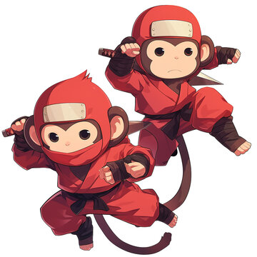 Cute 2 Ninja Monkey with PNG Image Vector Illustration