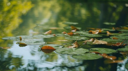 Tranquil water reflections amidst an abundance of leaves,  offering a soothing and picturesque background
